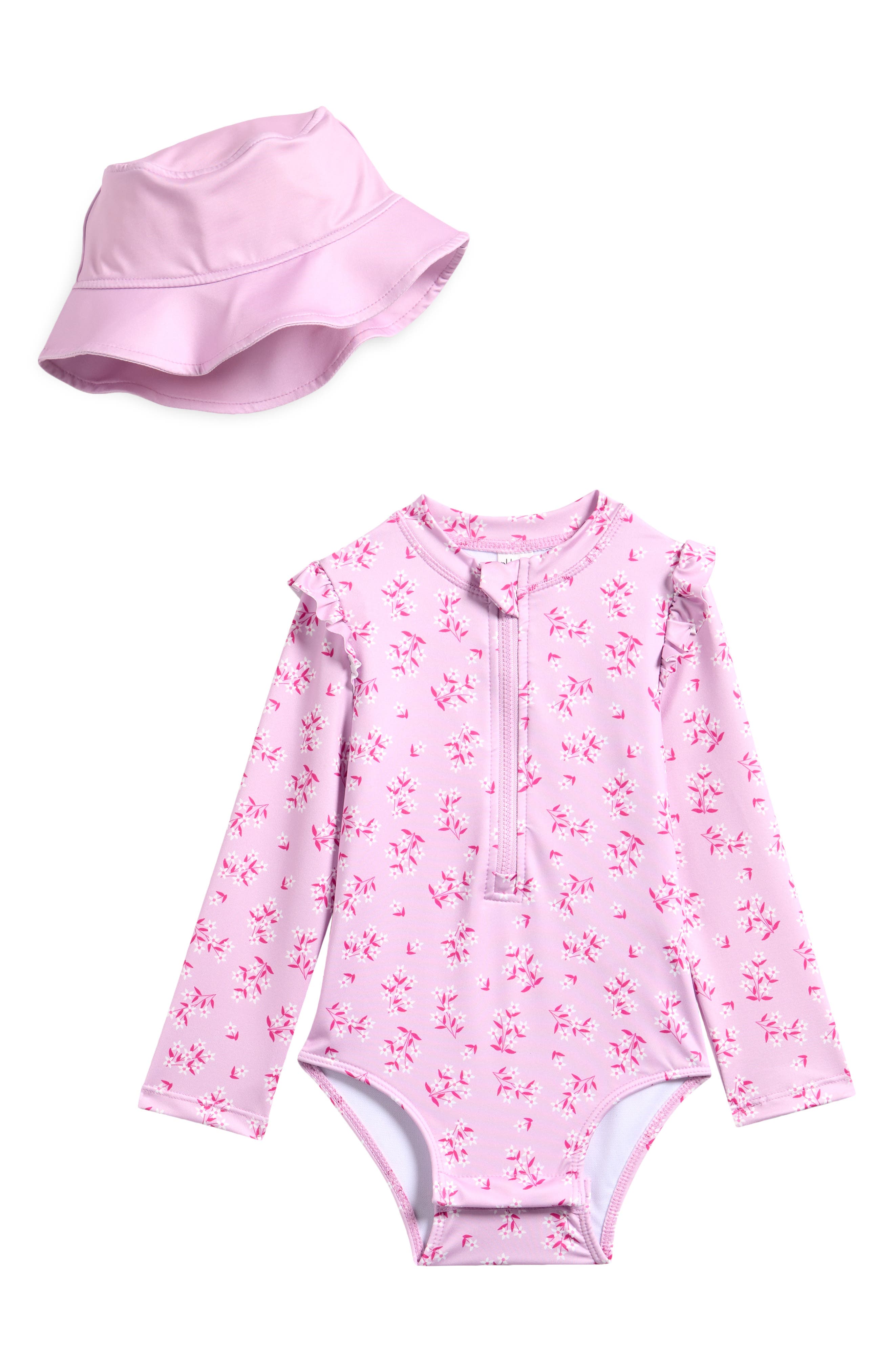 PL Baby by Petit Lem Ruffle Long Sleeve One-Piece Rashguard Swimsuit & Hat Set