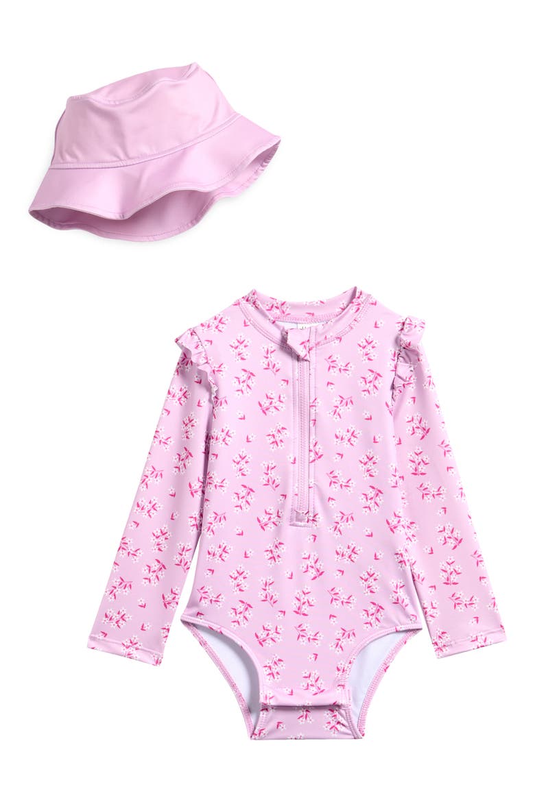Ruffle Long Sleeve One-Piece Rashguard Swimsuit & Hat Set, Main, color, LIGHT PURPLE FLORAL
