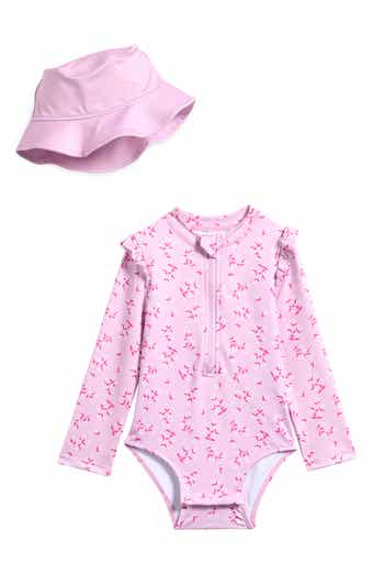 PL Baby by Petit Lem Ruffle Long Sleeve One-Piece Rashguard Swimsuit & Hat Set