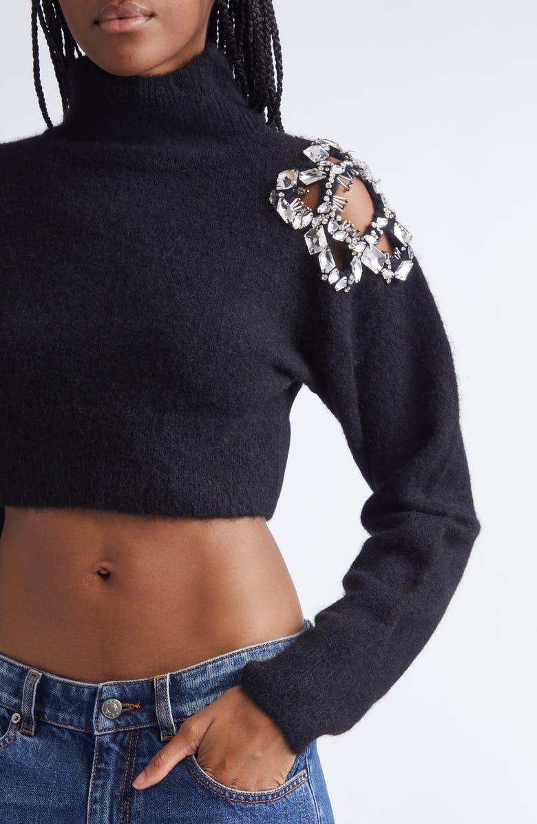 Area Crystal Cluster Flower Crop Alpaca & Wool Blend Sweater, Alternate, color, Black