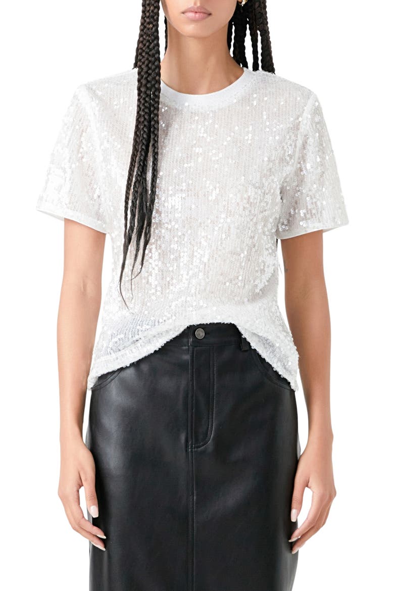 Shoulder Pad Sequin Top, Main, color, WHITE