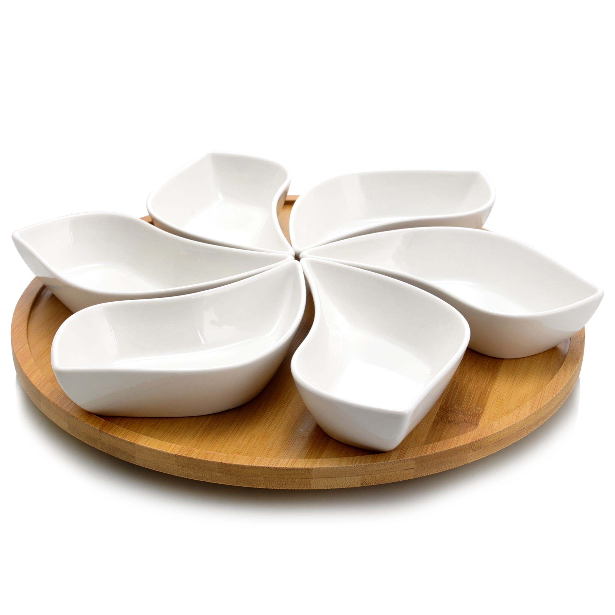 Elama Signature Modern 13.5 Inch 7pc Lazy Susan Appetizer and Condiment Server Set with 6 Unique Design Serving Dishes and a Wood Lazy Suzan Serving Tray - White