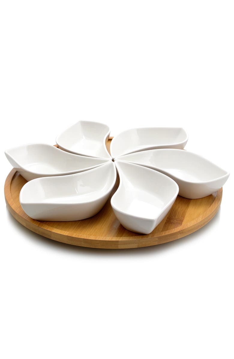 Elama Signature Modern 13.5 Inch 7pc Lazy Susan Appetizer and Condiment Server Set with 6 Unique Design Serving Dishes and a Wood Lazy Suzan Serving Tray, Main, color, White