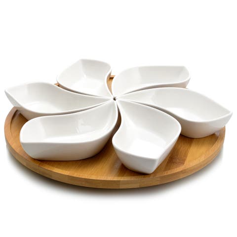 Modern 13.5 Inch 7pc Lazy Susan Appetizer and Condiment Server Set with 6 Unique Design Serving Dishes and a Wood Lazy Suzan Serving Tray