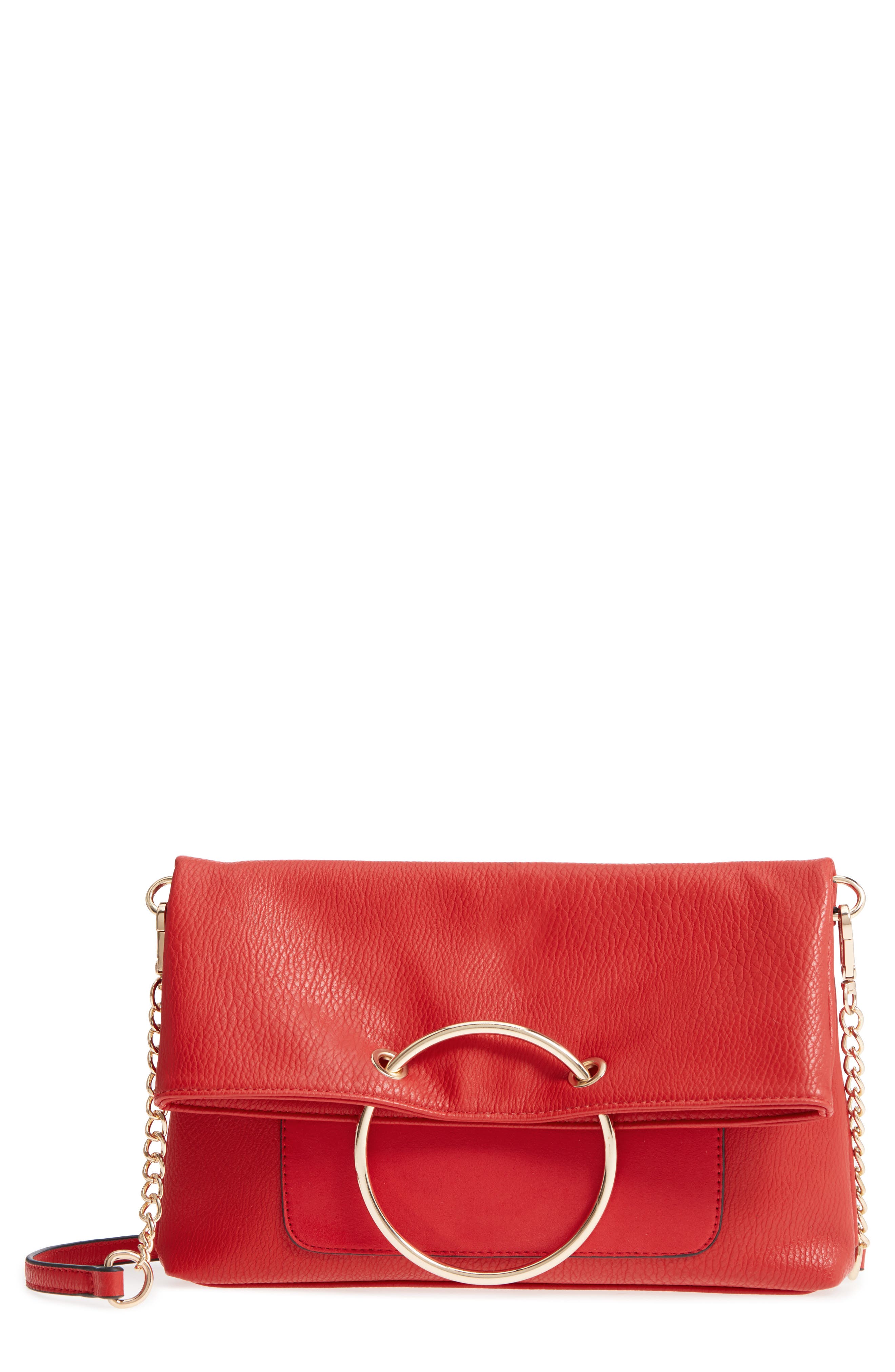 Foldover Ring Clutch, Main, color, RED