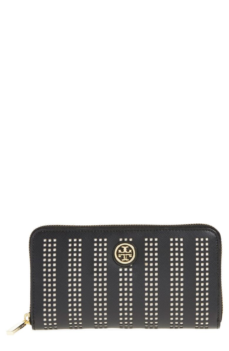Tory Burch 'Robinson' Saffiano Leather Perforated Zip Wallet, Main, color, 