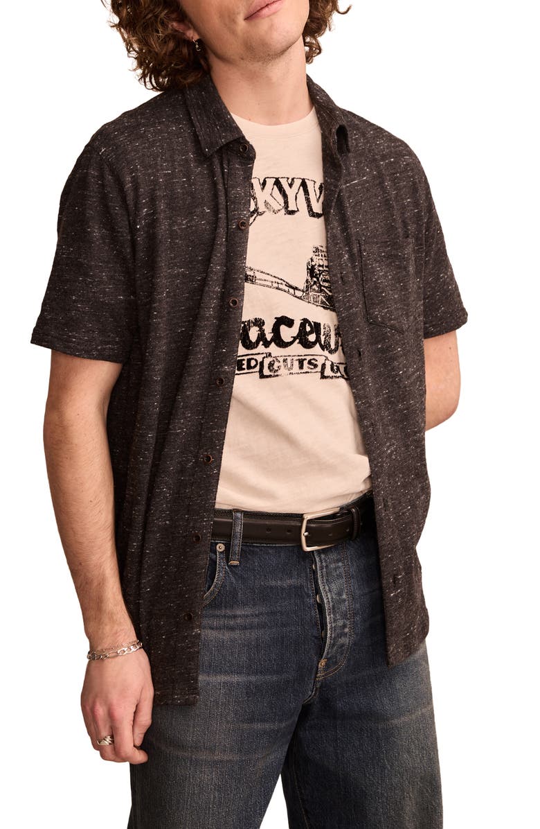 Lucky Brand Short Sleeve Marled Linen Button-Up Shirt, Main, color, Black