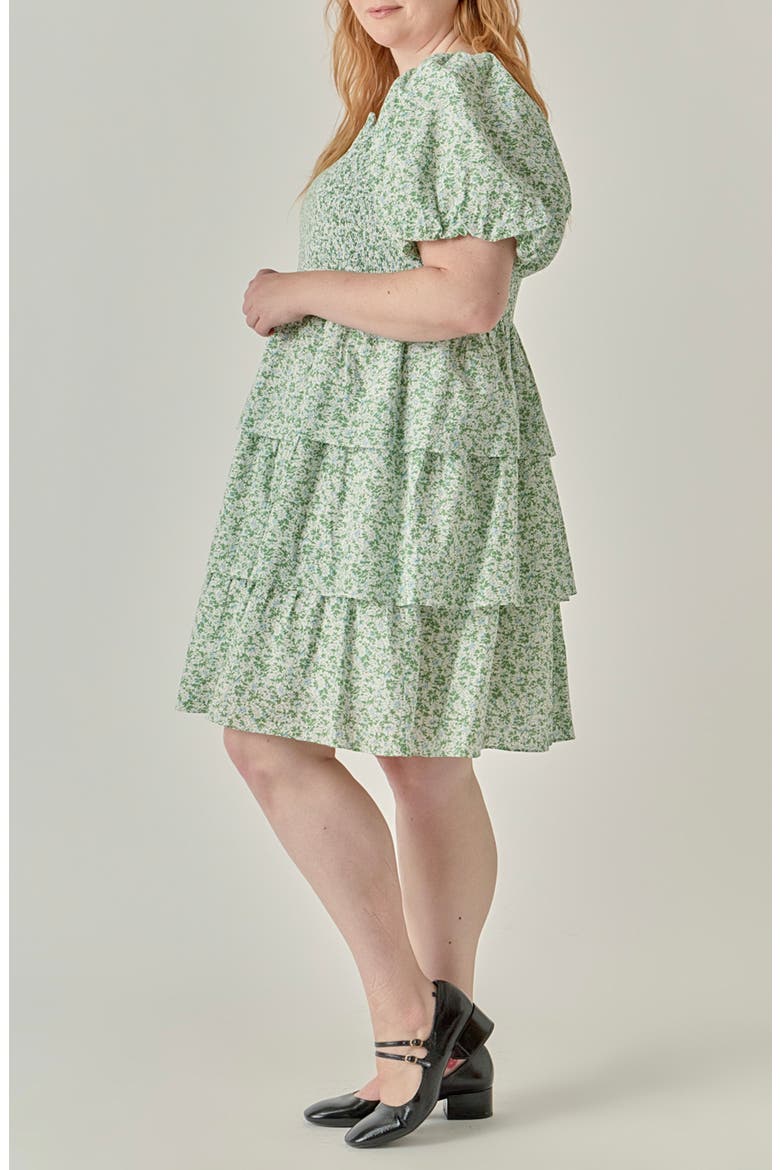 Crinkled Floral Smocked Dress, Alternate, color, GREEN