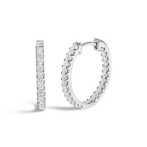 14K White Gold 2.00 Cttw Princess Diamond Inside Out Elongated Hoop Earrings
