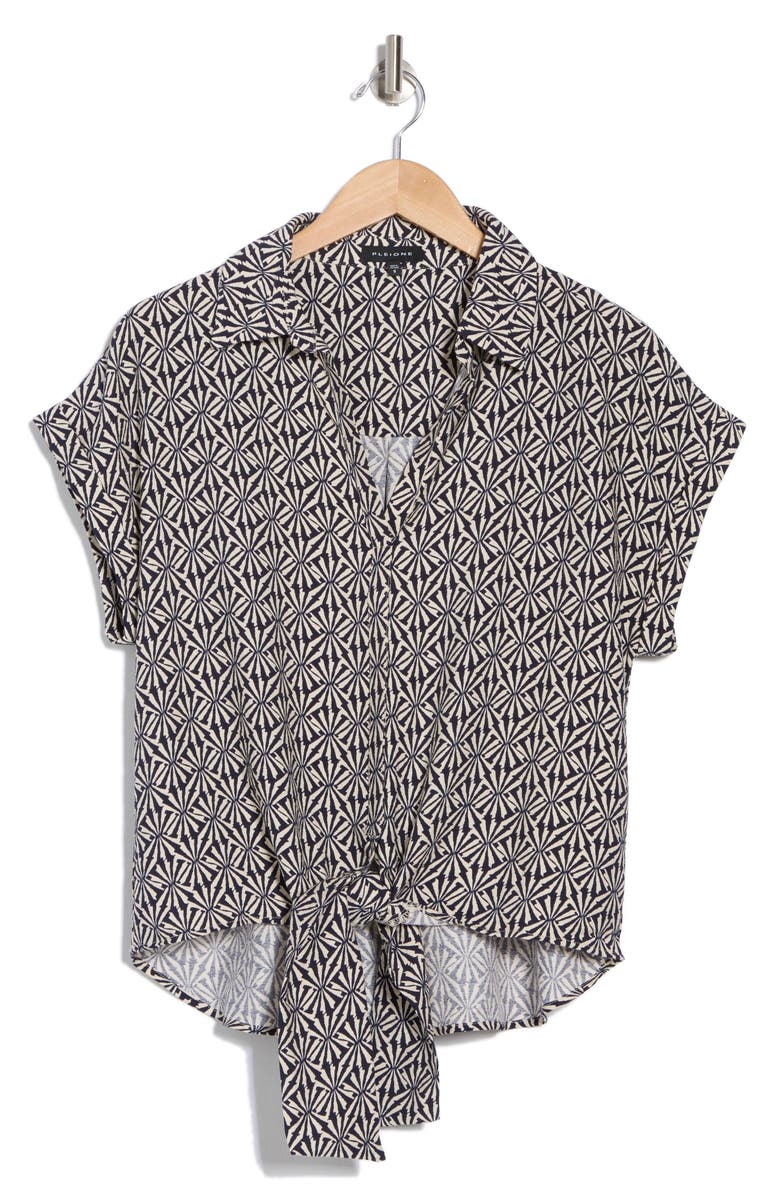 Pleione Tie Front High-Low Button-Up Shirt, Alternate, color, Navy Cream Shell
