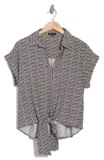 Pleione Tie Front High-low Button-up Shirt In Navy Cream Shell