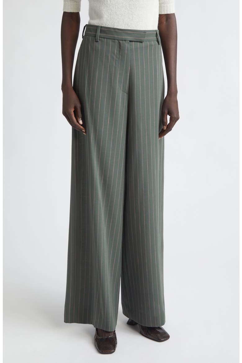 Stripe Wool Crepe Wide Leg Pants, Main, color, FOREST