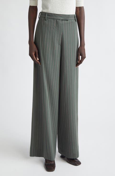 Stripe Wool Crepe Wide Leg Pants