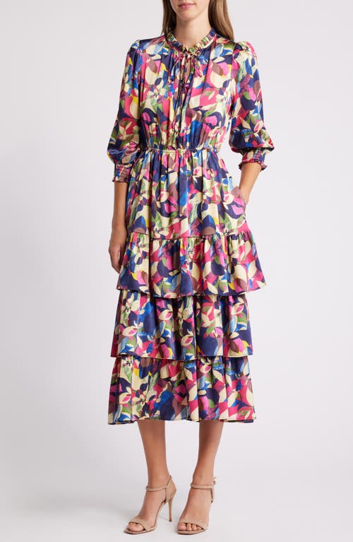 MELLODAY Floral Tiered Satin Maxi Dress in Navy Multi 