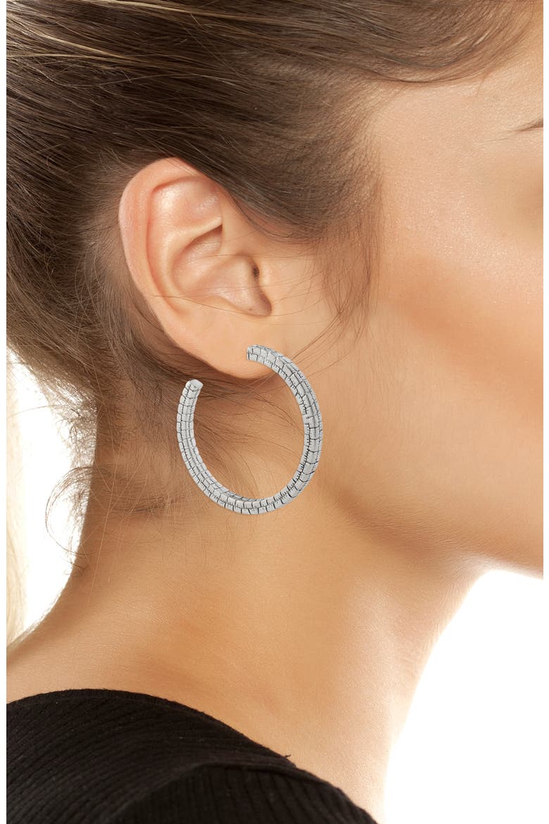 Croc Textured Large Hoop Earrings, Alternate, color, WARM SILVER
