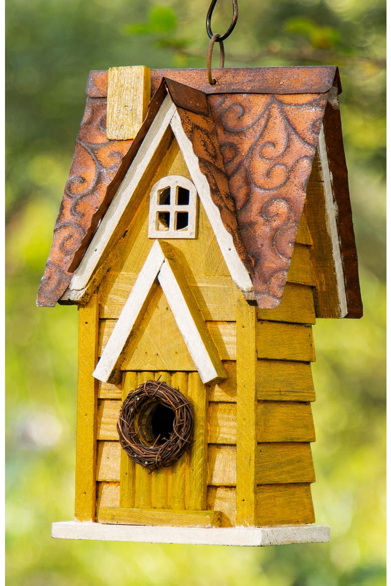 12"H Retro Distressed Painted Solid Wood Cottage Birdhouse, Alternate, color, Yellow