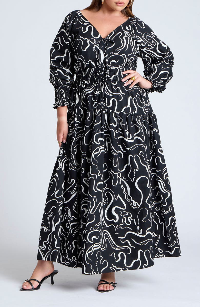 ELOQUII Print Long Sleeve V-Neck Maxi Dress, Main, color,