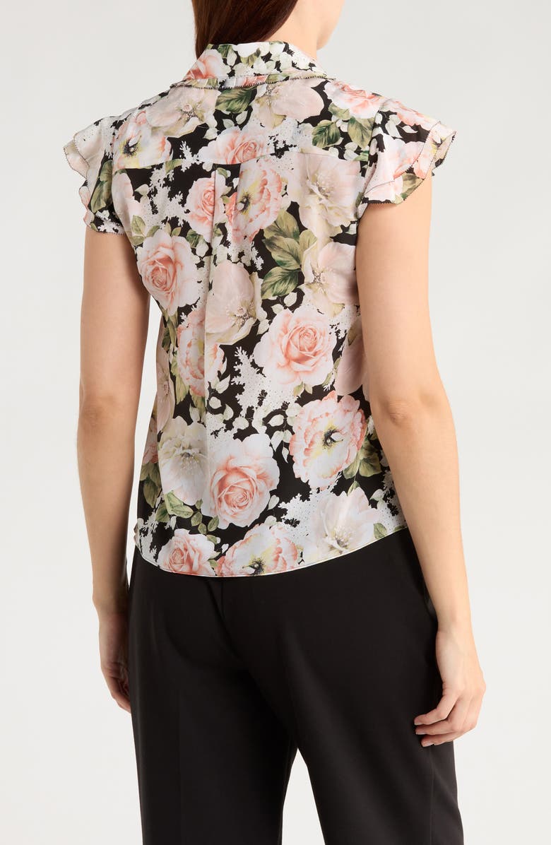 Alice + Olivia Martel Floral Flutter Sleeve Silk Button-Up Shirt, Alternate, color, Morningside Floral Black