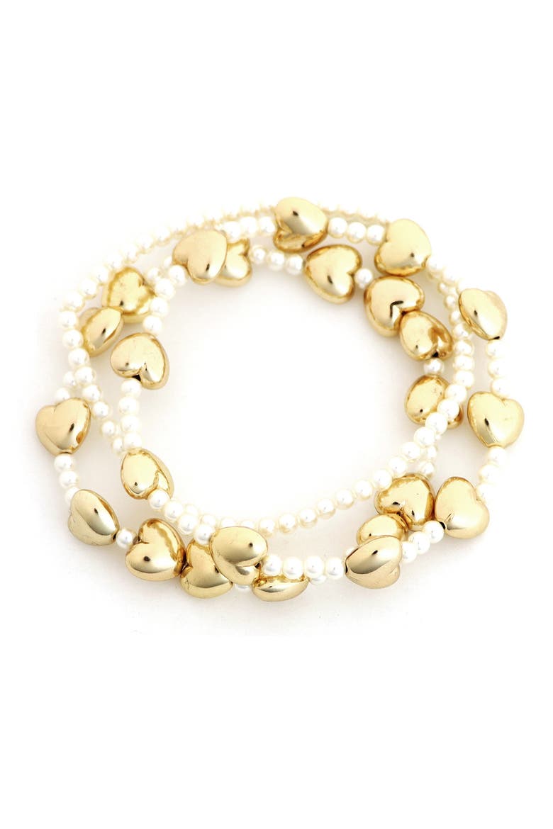 Puffy Hearts & Faux Pearl Set of 3 Stretch Bracelets, Main, color, WHITE