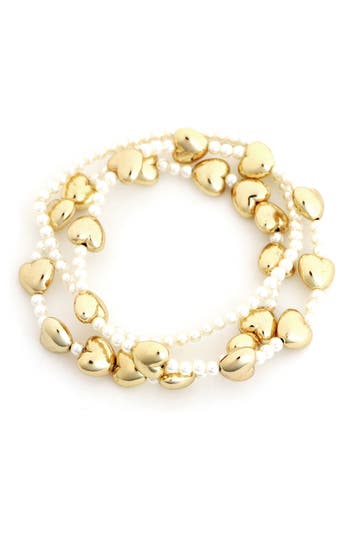 Panacea Puffy Hearts & Faux Pearl Set Of 3 Stretch Bracelets In Brown