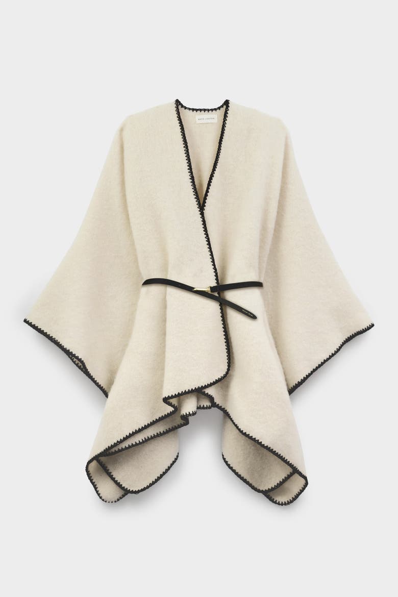 Whipstitch Blanket Cape with Belt, Alternate, color, Cream