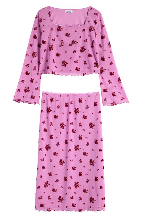 Kids' Floral Flocked Mesh Top & Skirt Set (Big Kid)