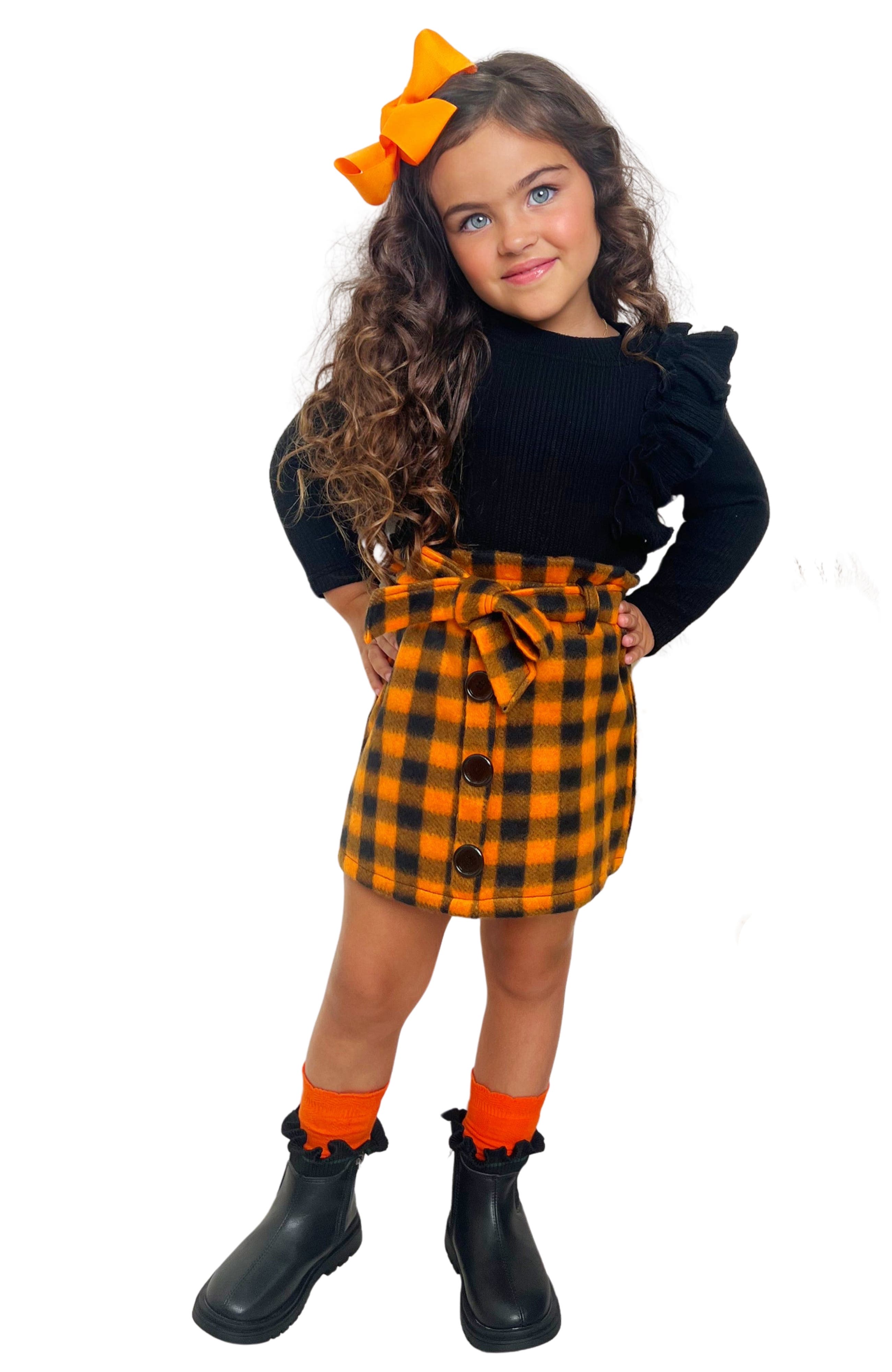 Mia Belle Girls Feels Like Fall Ruffled Top and Checkered Skirt Set in Orange 