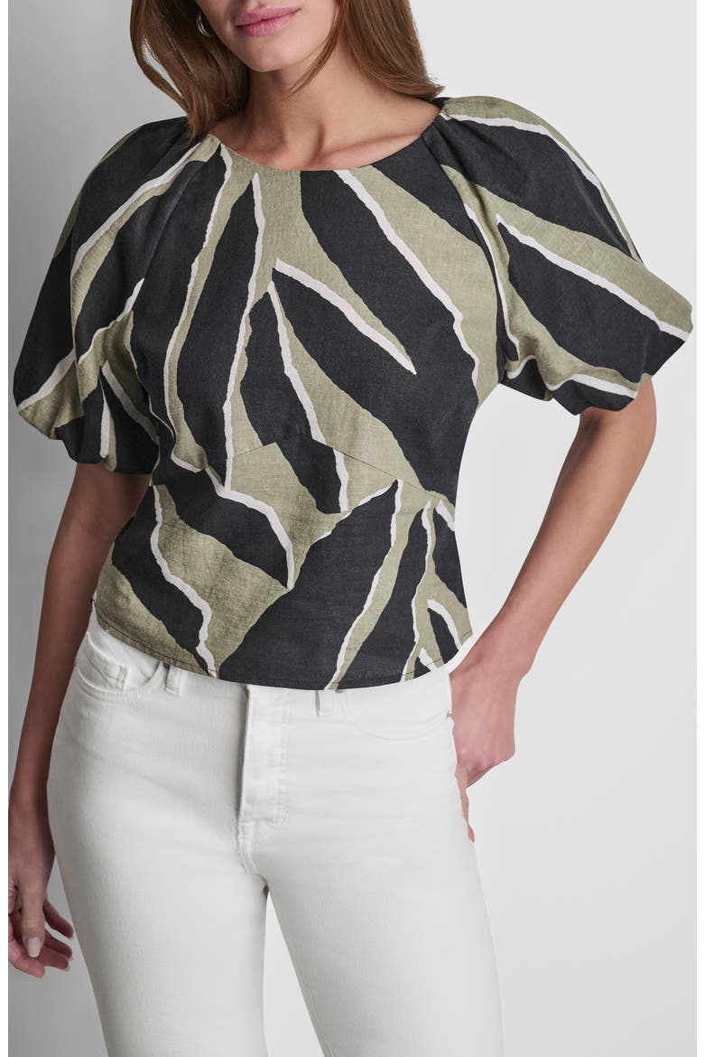 Abstract Print Puff Sleeve Linen Blend Top, Alternate, color, JUNGLE BLOCK