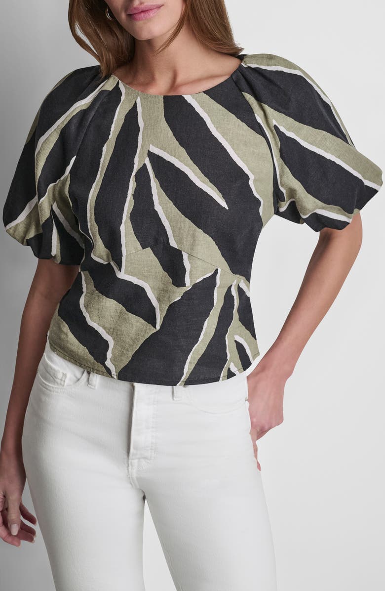 DKNY Abstract Print Puff Sleeve Linen Blend Top, Alternate, color, Jungle Block