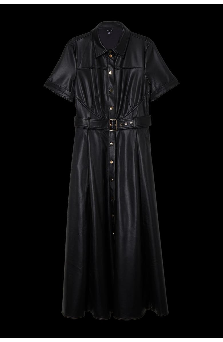 Karen Millen Faux Leather Belted Midi Shirt Dress, Alternate, color, Black