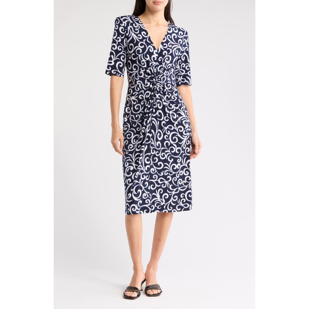 Connected Apparel Front Twist Midi Dress In Navy