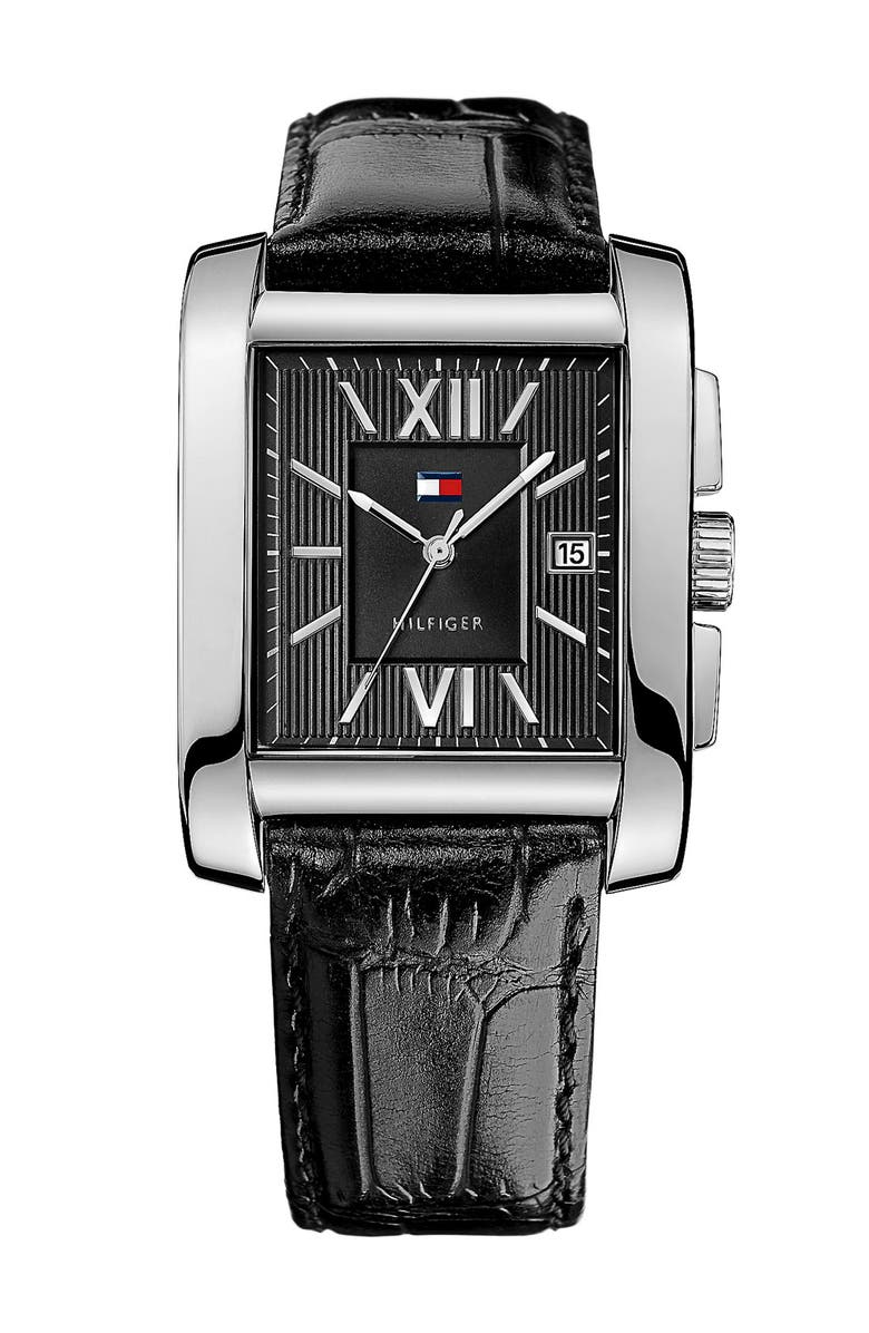Tommy Hilfiger Square Leather Strap Watch, 36mm x 47mm, Main, color, 