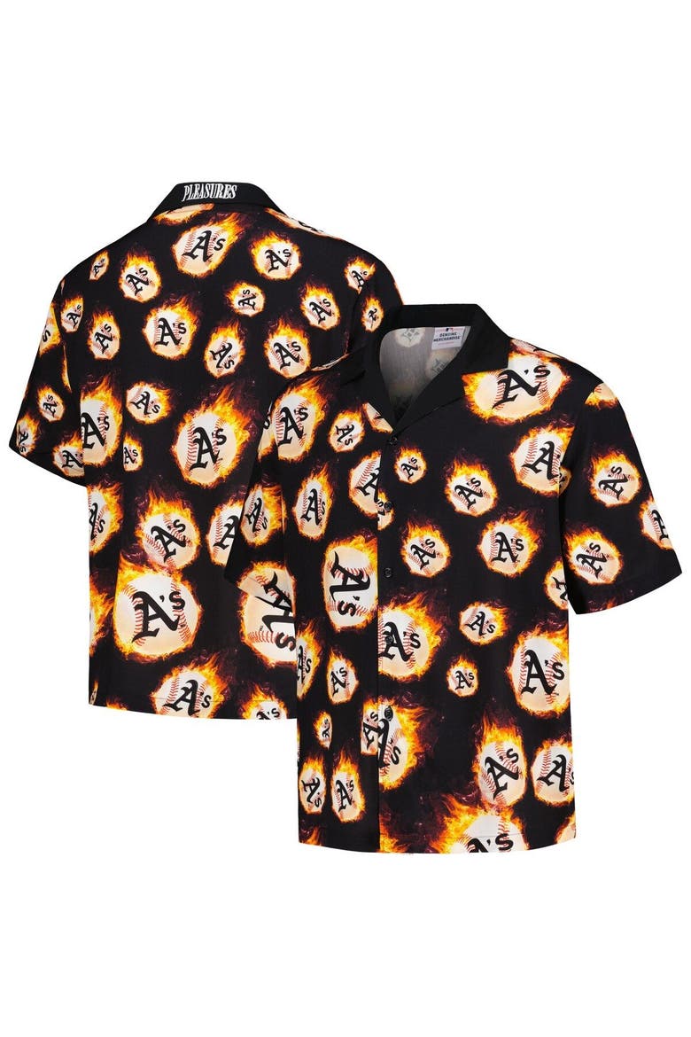 Men's PLEASURES  Black Oakland Athletics Flame Fireball Button-Up Shirt, Main, color, Black