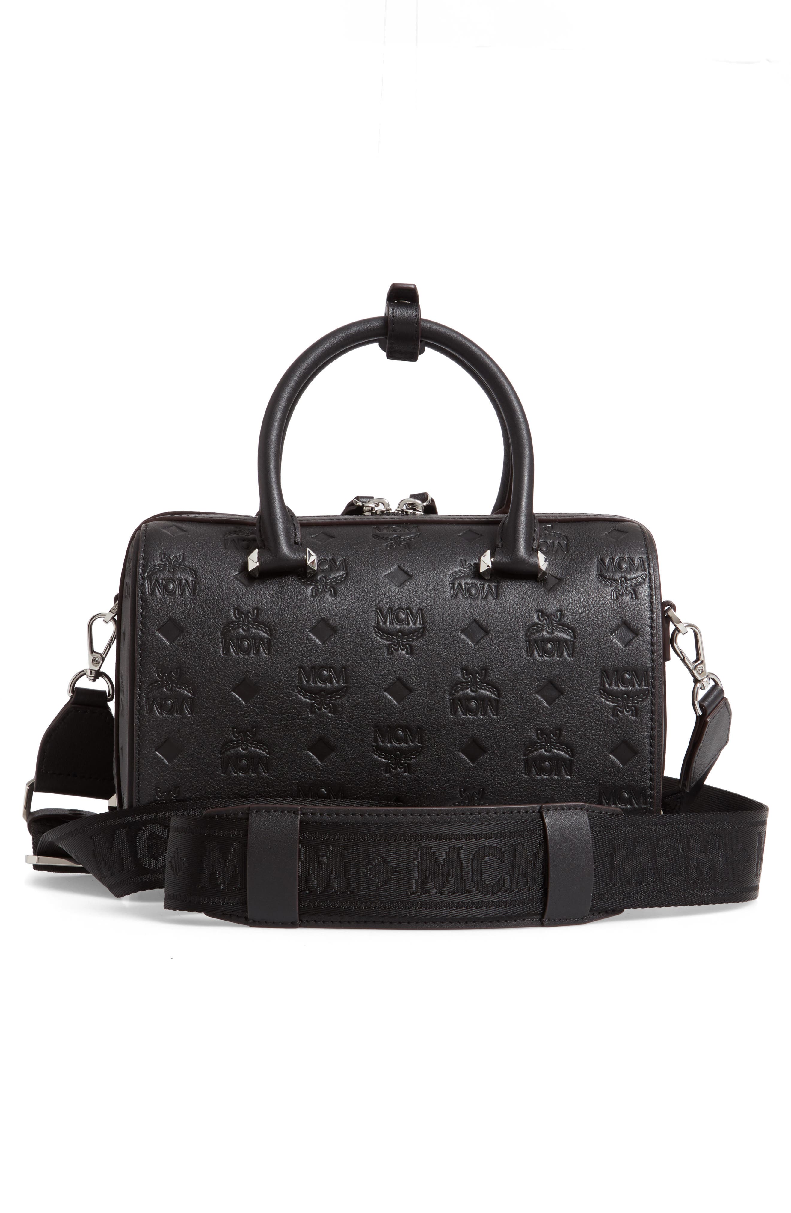 MCM Essential Monogram Leather Satchel, Alternate, color, 