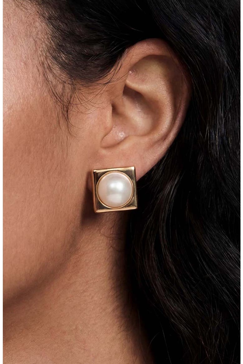 Square Faux Pearl Stud Earrings, Alternate, color, GOLD
