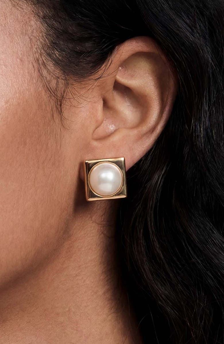 Ettika Square Faux Pearl Stud Earrings, Alternate, color, Gold
