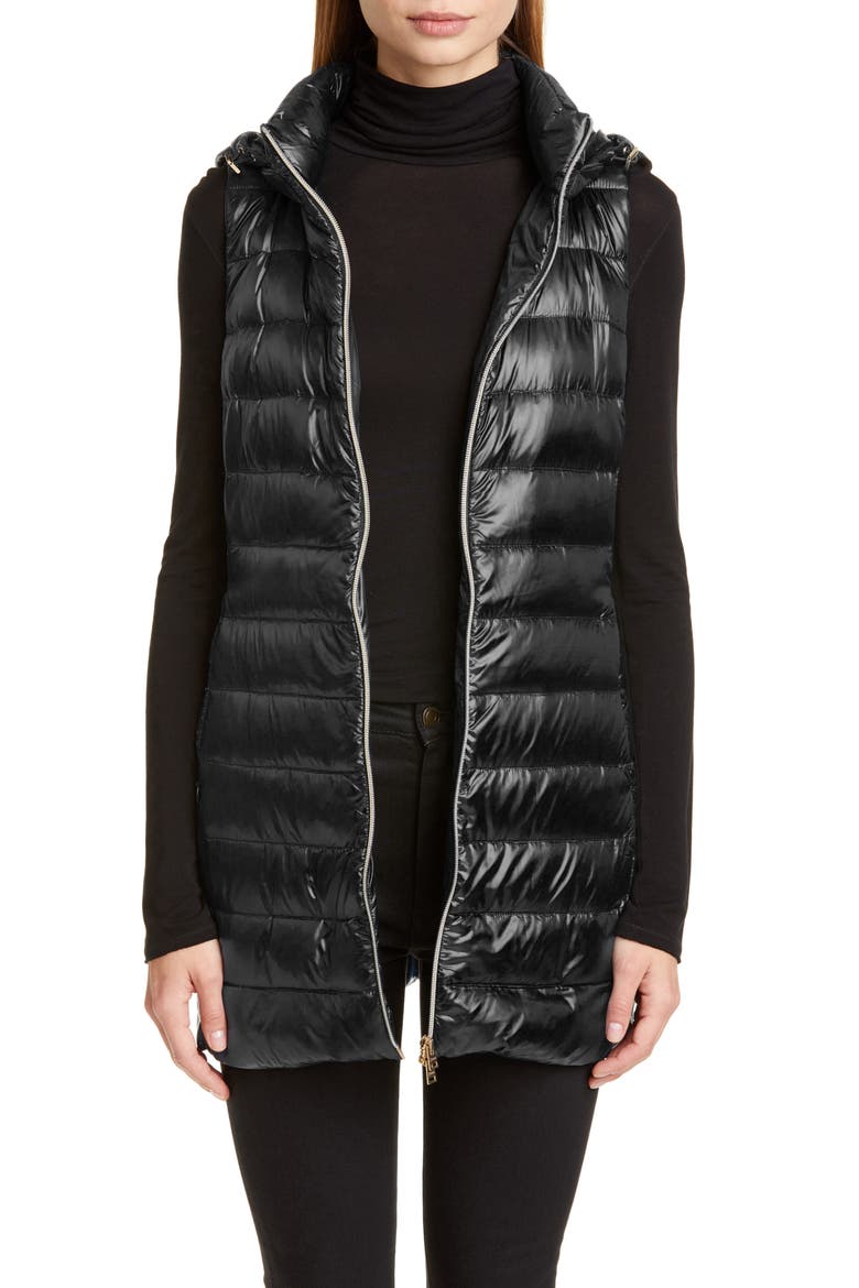 Long Fitted Down Puffer Vest with Removable Hood, Main, color, BLACK
