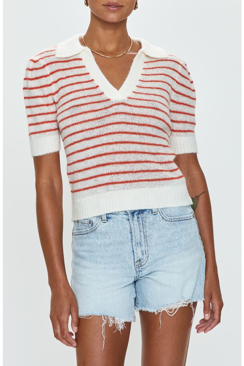 Billy Stripe Short Sleeve Johnny Collar Sweater, Main, color, POPPY STRIPE