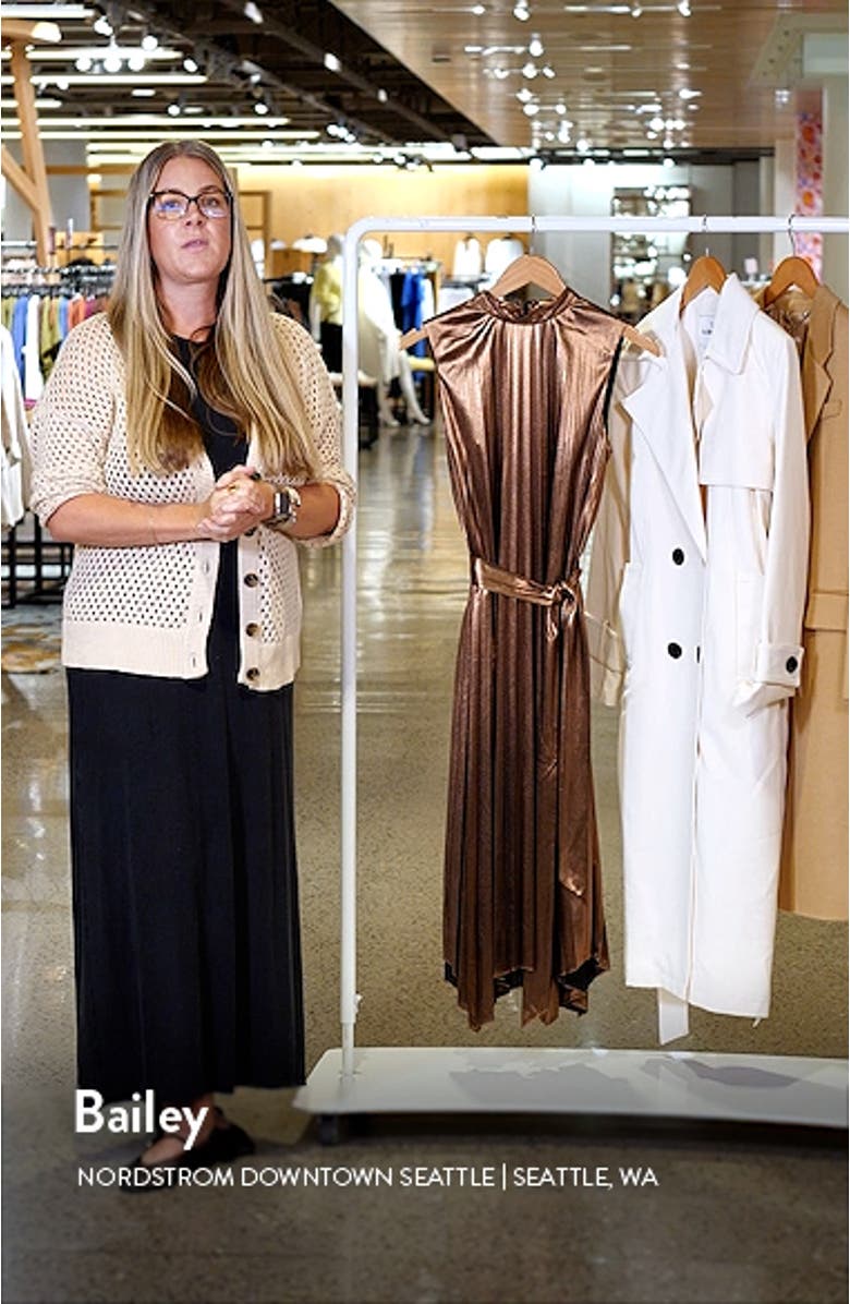 Pleated Satin Mock Neck Tie Waist Dress, sales video thumbnail