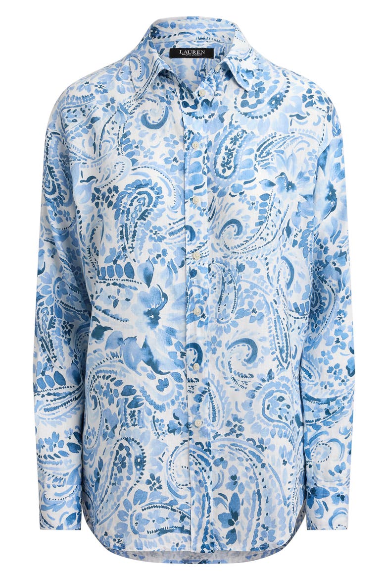 Paisley Print Linen Shirt, Alternate, color, WHITE/ BLUE