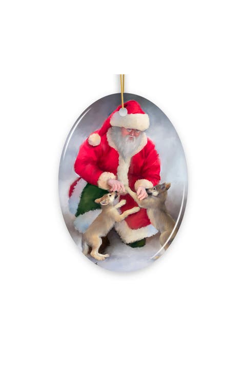 Santa And Wolf Pups Winter Ceramic Ornament