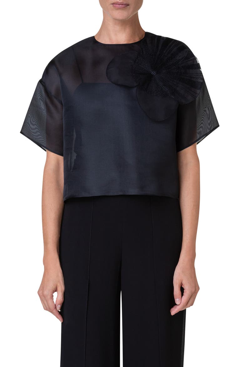 Poppy Patch Crop Silk Organza Top, Main, color, BLACK