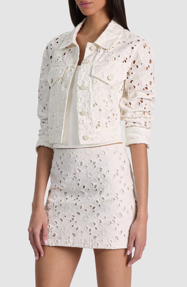 Alice + Olivia Chloe Eyelet Embroidered Denim Jacket, Alternate, color, Off White