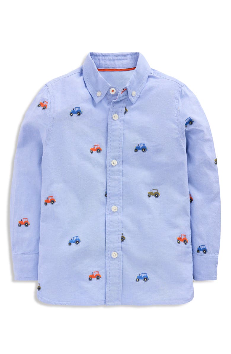 Mini Boden Kids' Embroidered Cotton Button-Down Shirt, Main, color, Tractor