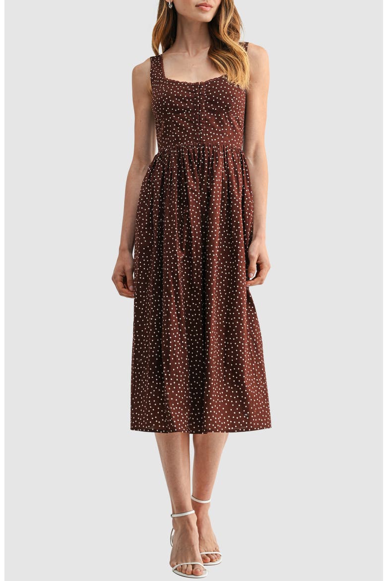 Corset A-Line Midi Dress, Main, color, BROWN CREAM DOT