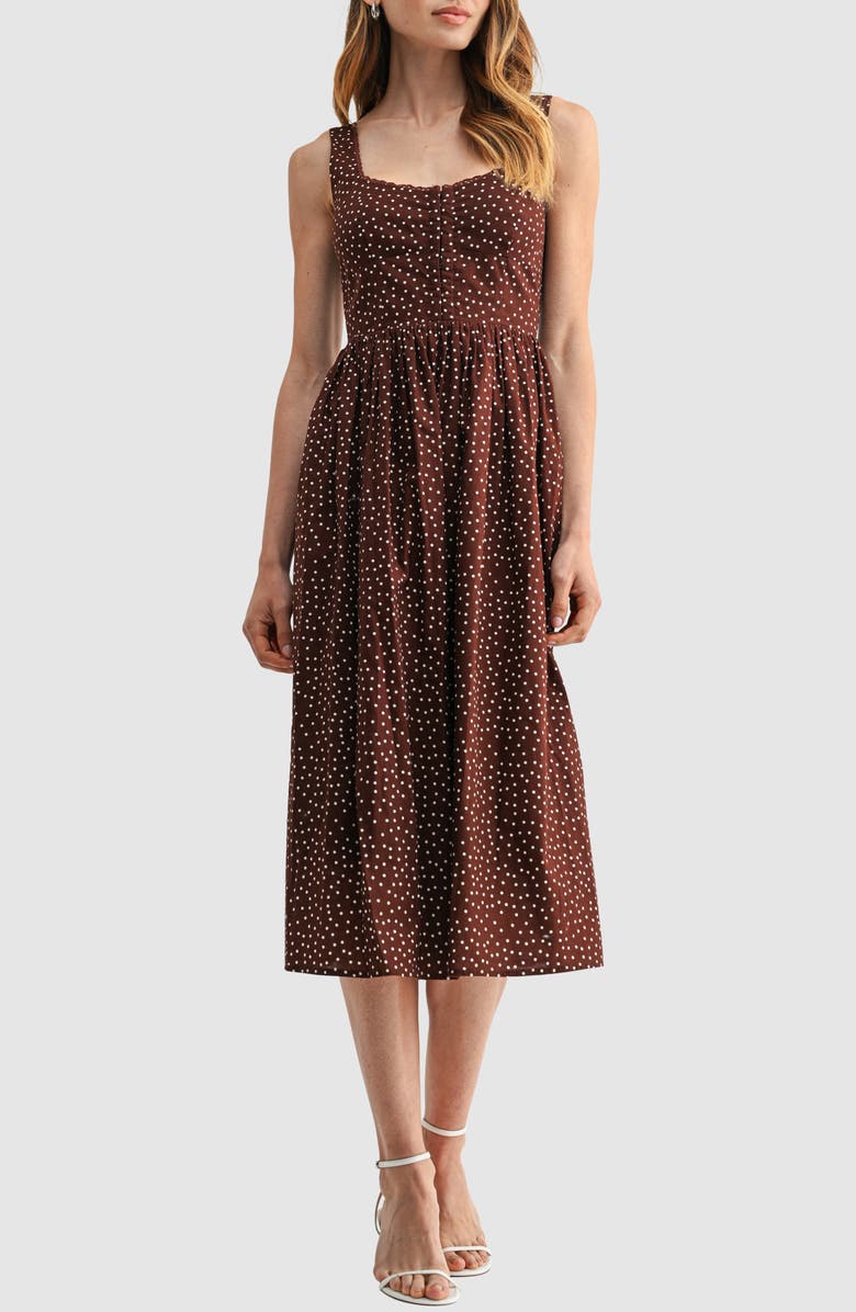 Lush Corset A-Line Midi Dress, Main, color, Brown Cream Dot