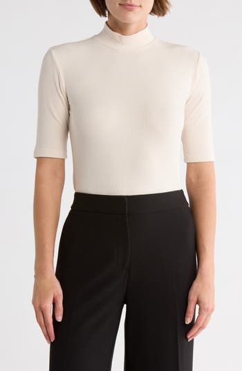 Elie Elie Tahari Mock Neck Rib Top In Brown