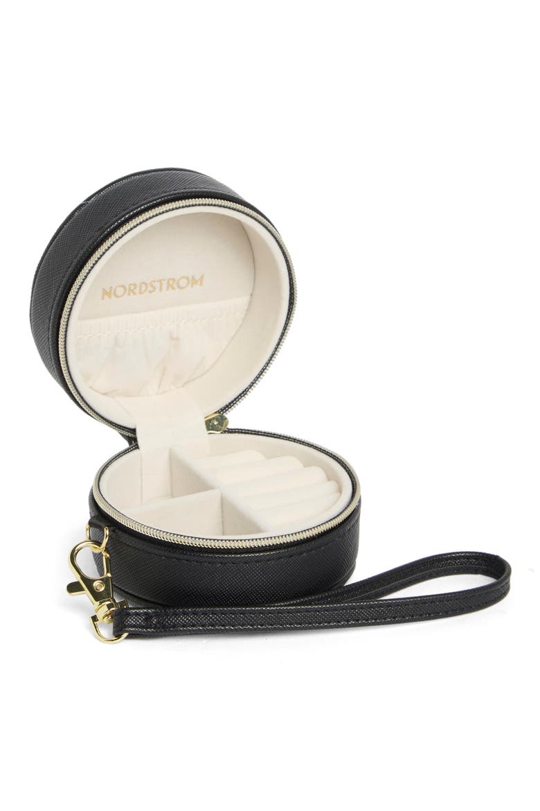Mini Round Jewelry Box, Alternate, color, METALLIC FLORAL- BLACK