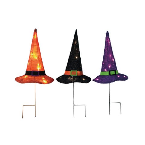 Season's Designs Halloween Witches Hats Lawn Stakes Decoration Set of 3, Multicolored, Outdoor, Ground Freestanding, Polyester, Prelit with Orange LED Lights