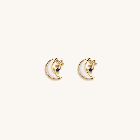 Embrace the Light - Enamel Moon & Star Diamond Stud Earrings